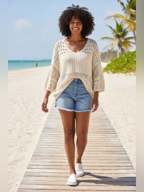 Knit lace cream crochet vneck summer sweater, L, long, Boho Hippie Beach Vibe